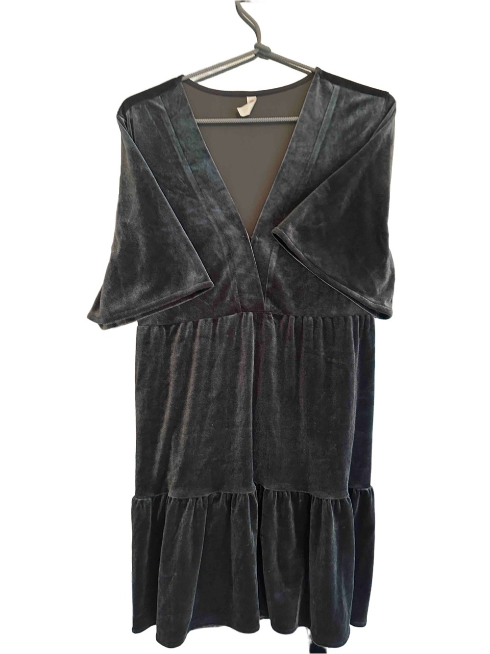 Velveteen V-Neck Tiered Midi Dress - Charcoal blue